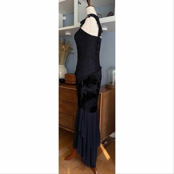 Vintage Y2K Cascadei Black Velvet & Chiffon Evening Dress Asymmetric Whimsy - Picture 6 of 10
